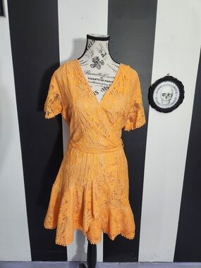 Orange Lace Wrap Mini Dress